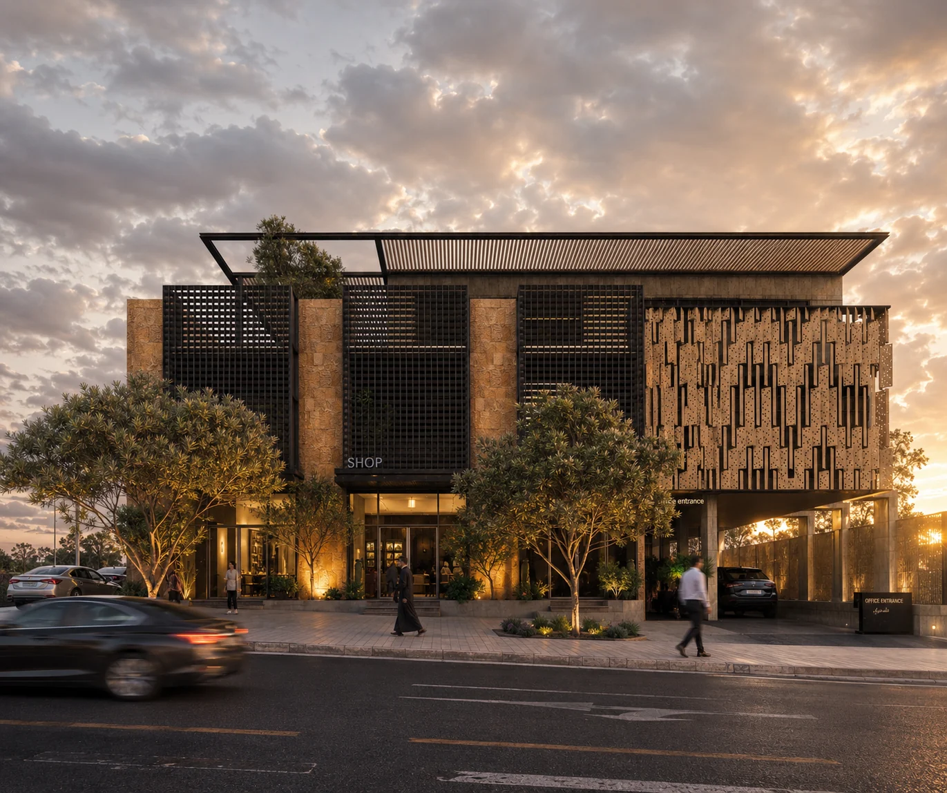 Warm contemporary commercial building with architectural screening and landscaped frontage