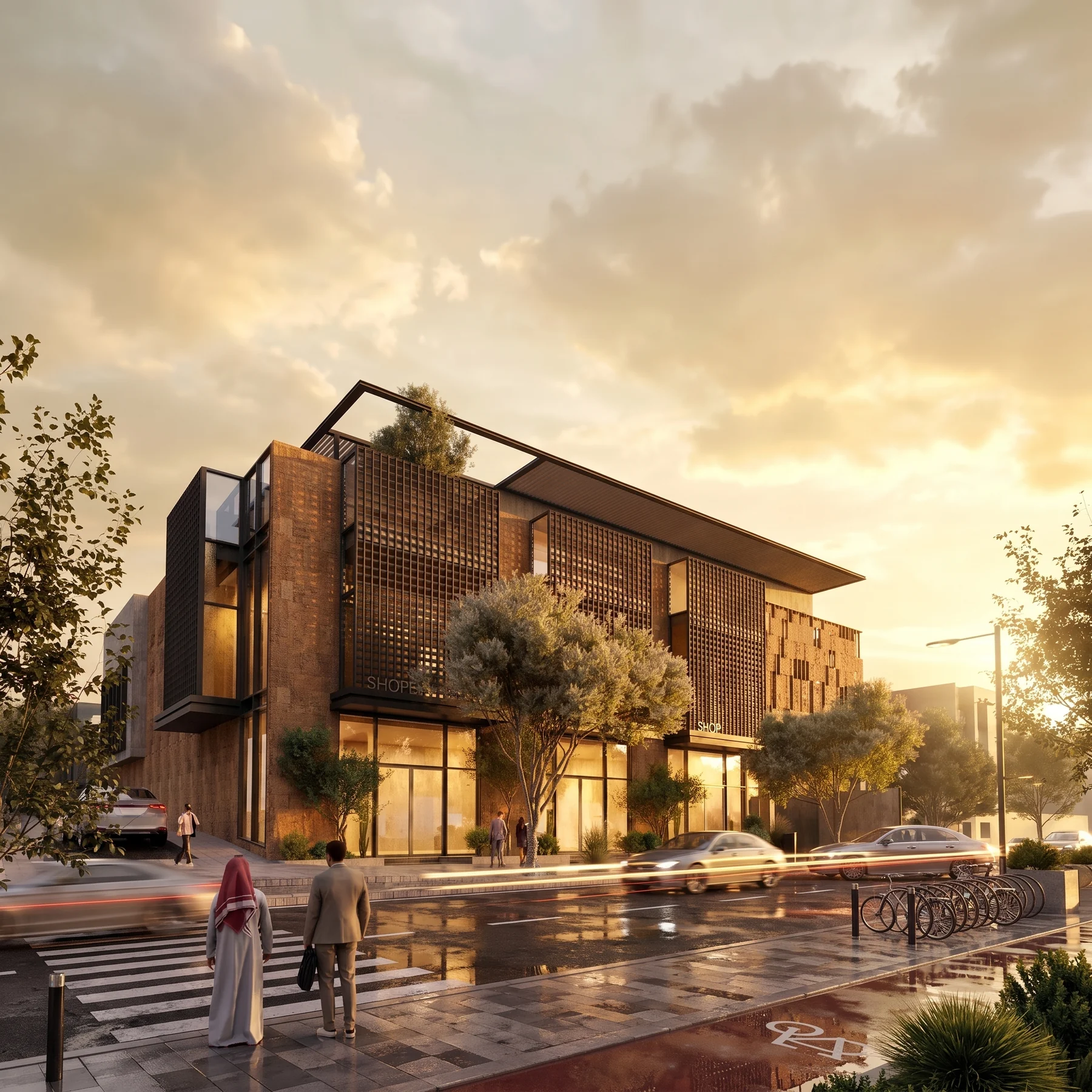 Commercial building with architectural screening in golden-hour light, designed by Camr Studio