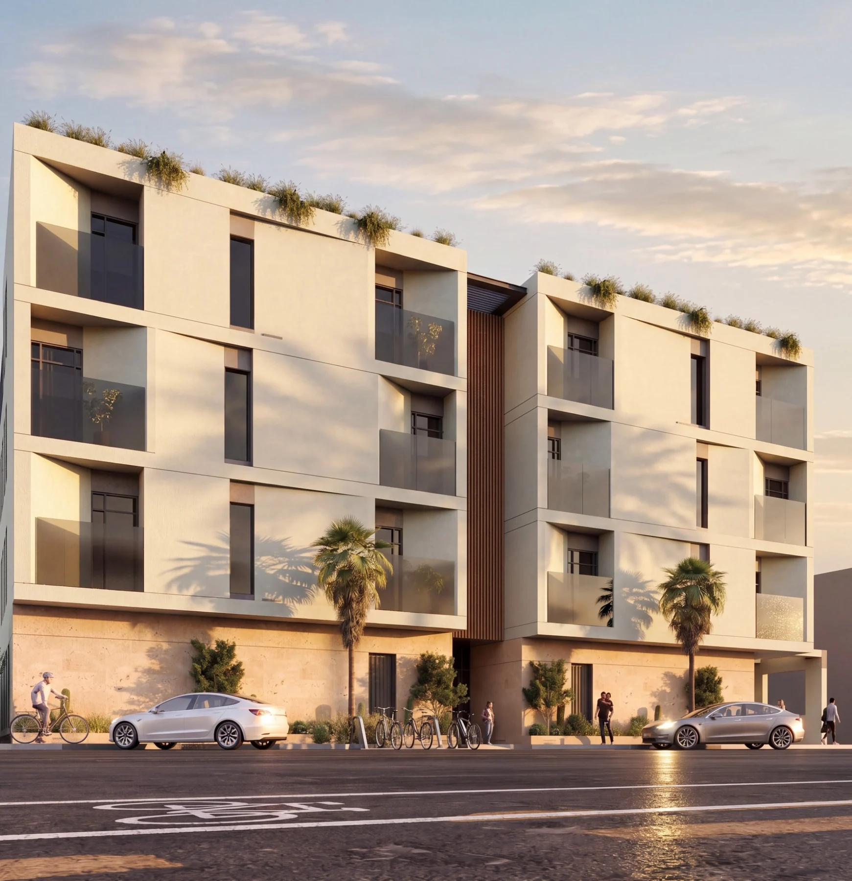 Contemporary multi-level residence with recessed balconies and warm evening light