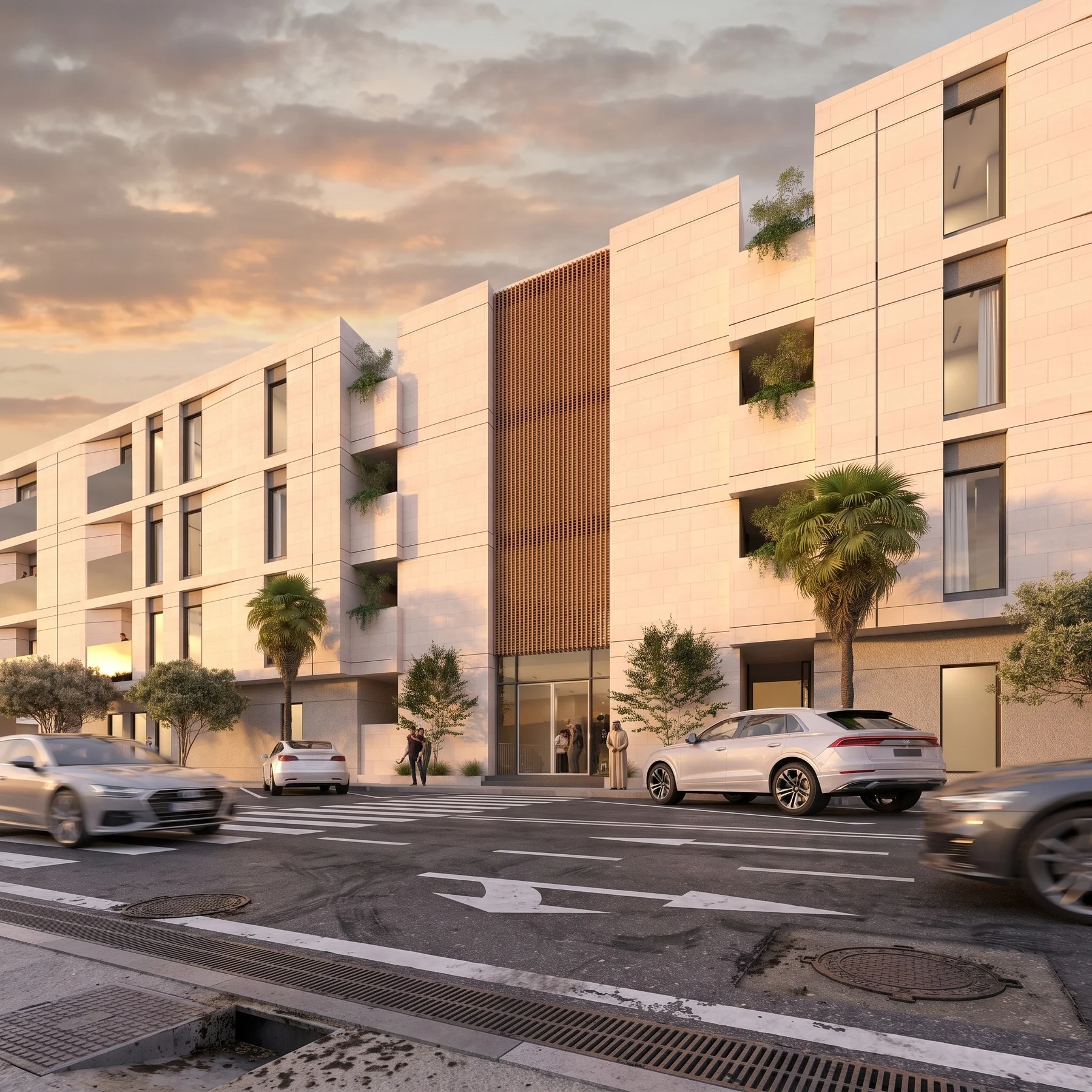 Residential street façade at sunset
