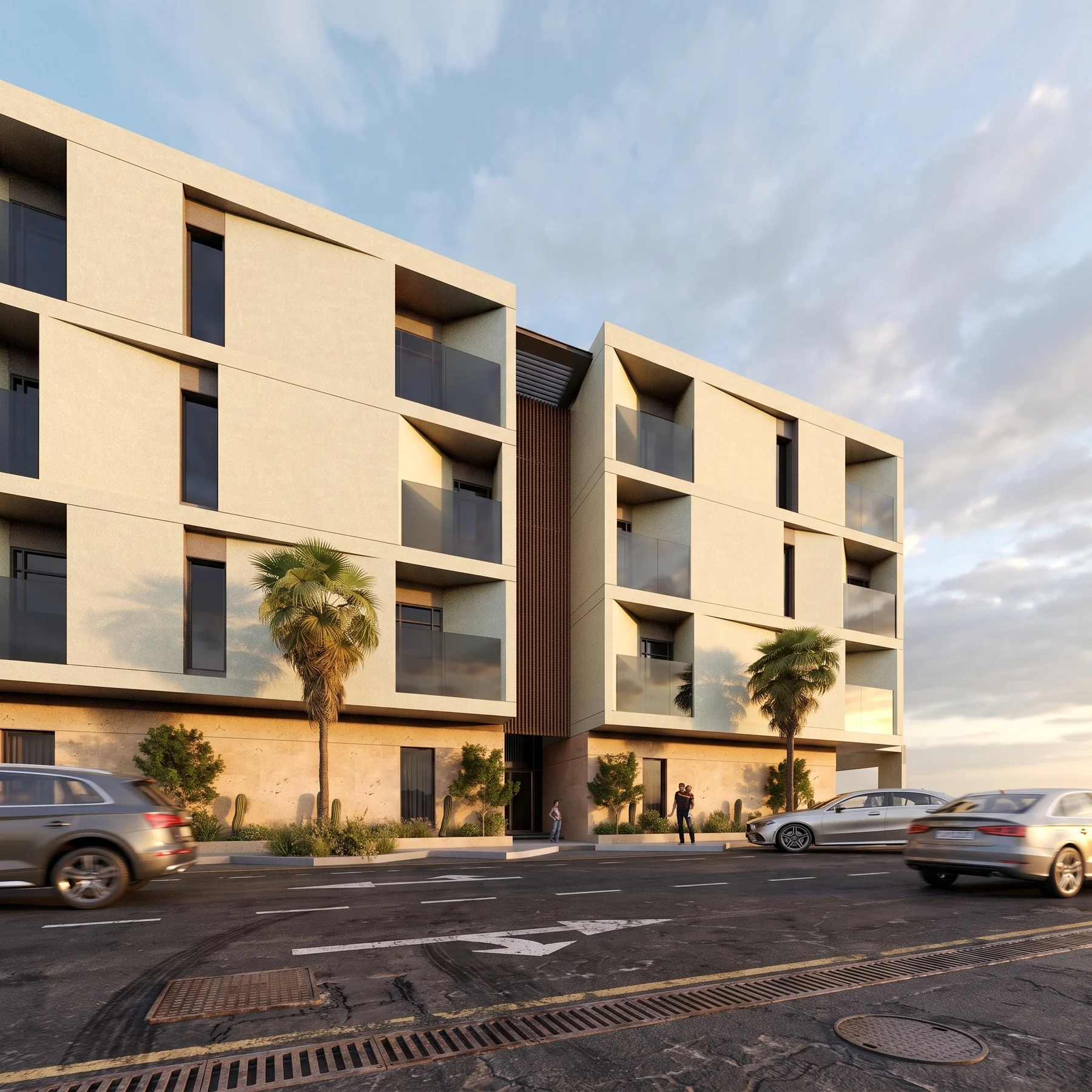 Contemporary residential building seen from a wide street angle