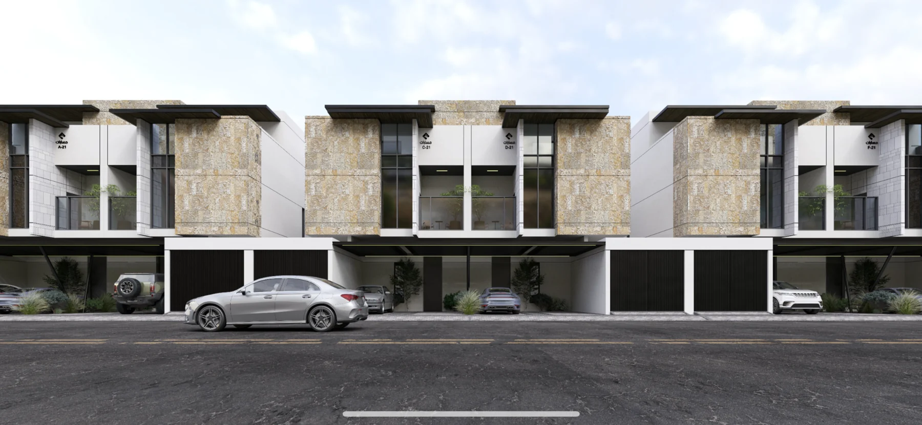 Contemporary townhouse row with rhythmic stone and white façades