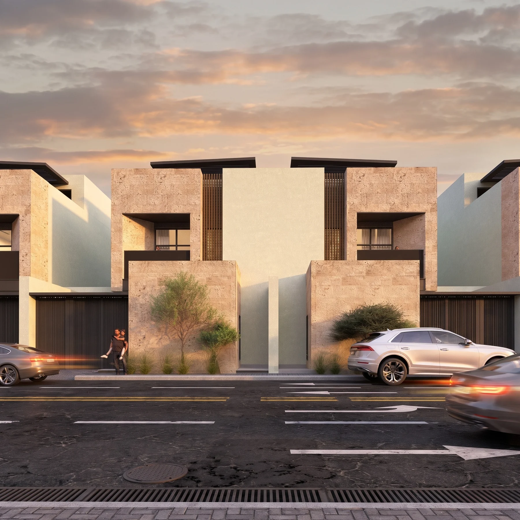 Modern villas with stone façades, deep openings, and landscaped entry courts