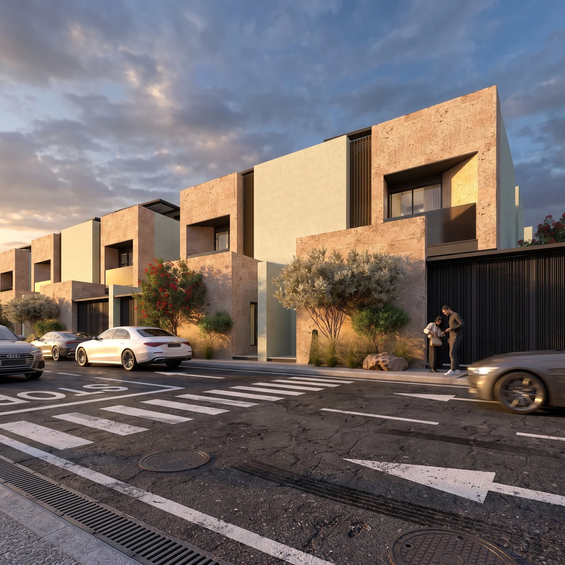 Villa street perspective with warm stone façades and evening light by Camr Studio